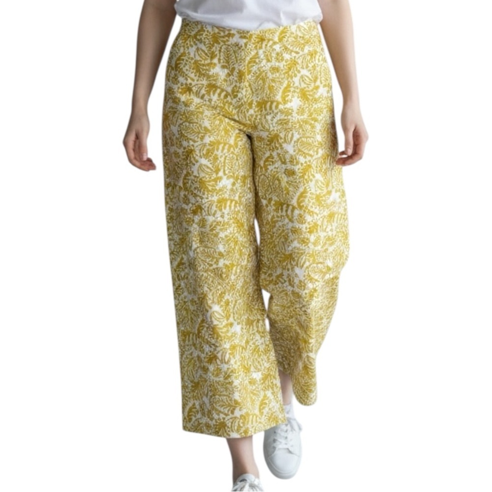 JESSICA SIMPSON Tropical Leaf Print Linen Blend Wide Leg Pants in Chartreuse MED